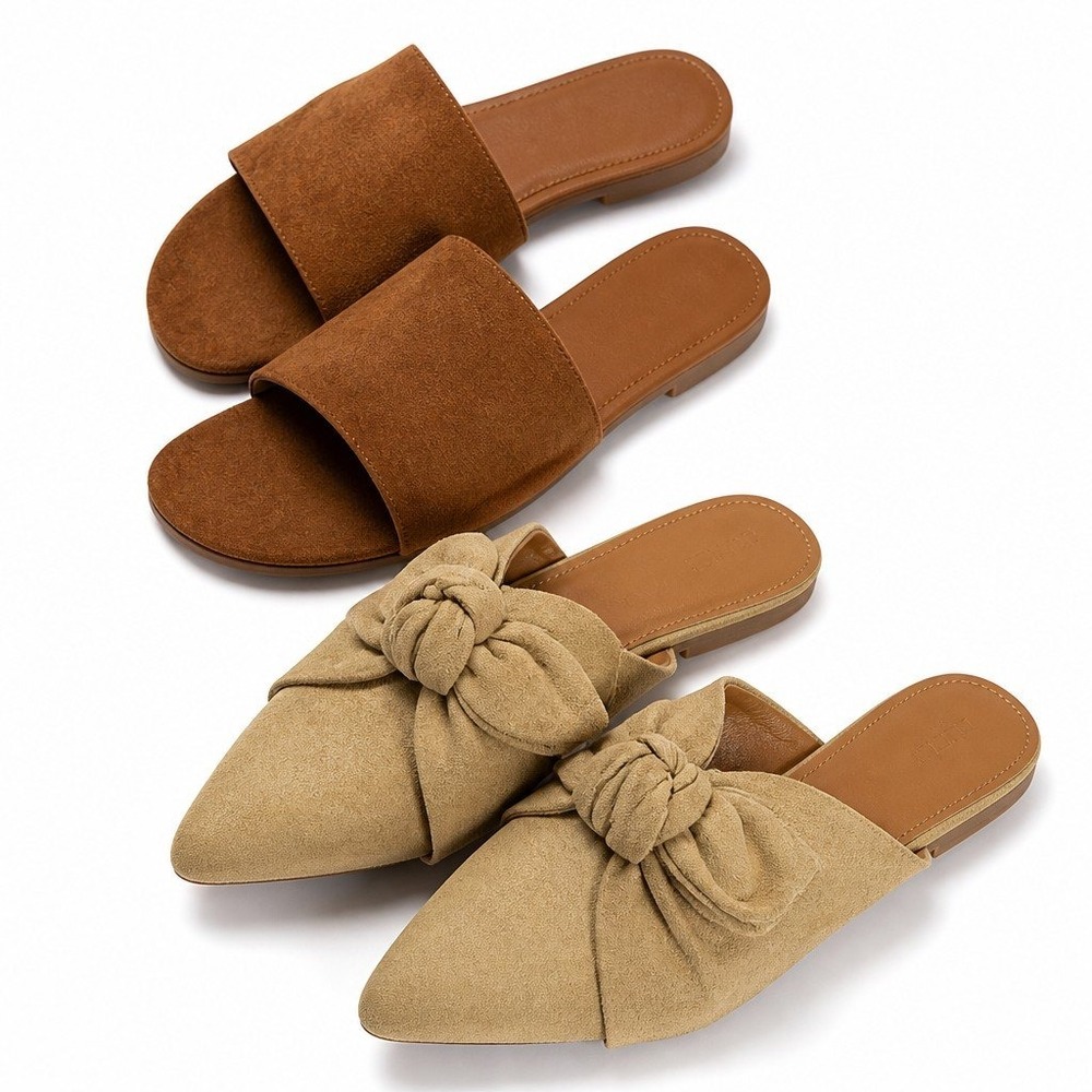 J.Crew Womens 12 Tan Brown Suede Bow Pointed Mule Slide 2 Pair Bundle Boho
